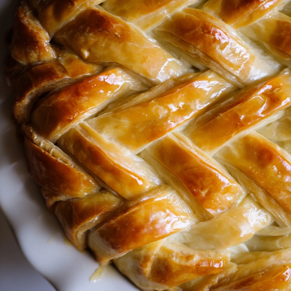 Buttery pastry crust with intricate fishtail braid detail baked to golden perfection