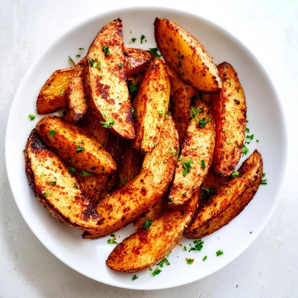 Golden brown crispy air fryer potato wedges seasoned with paprika and garlic powder on a white plate