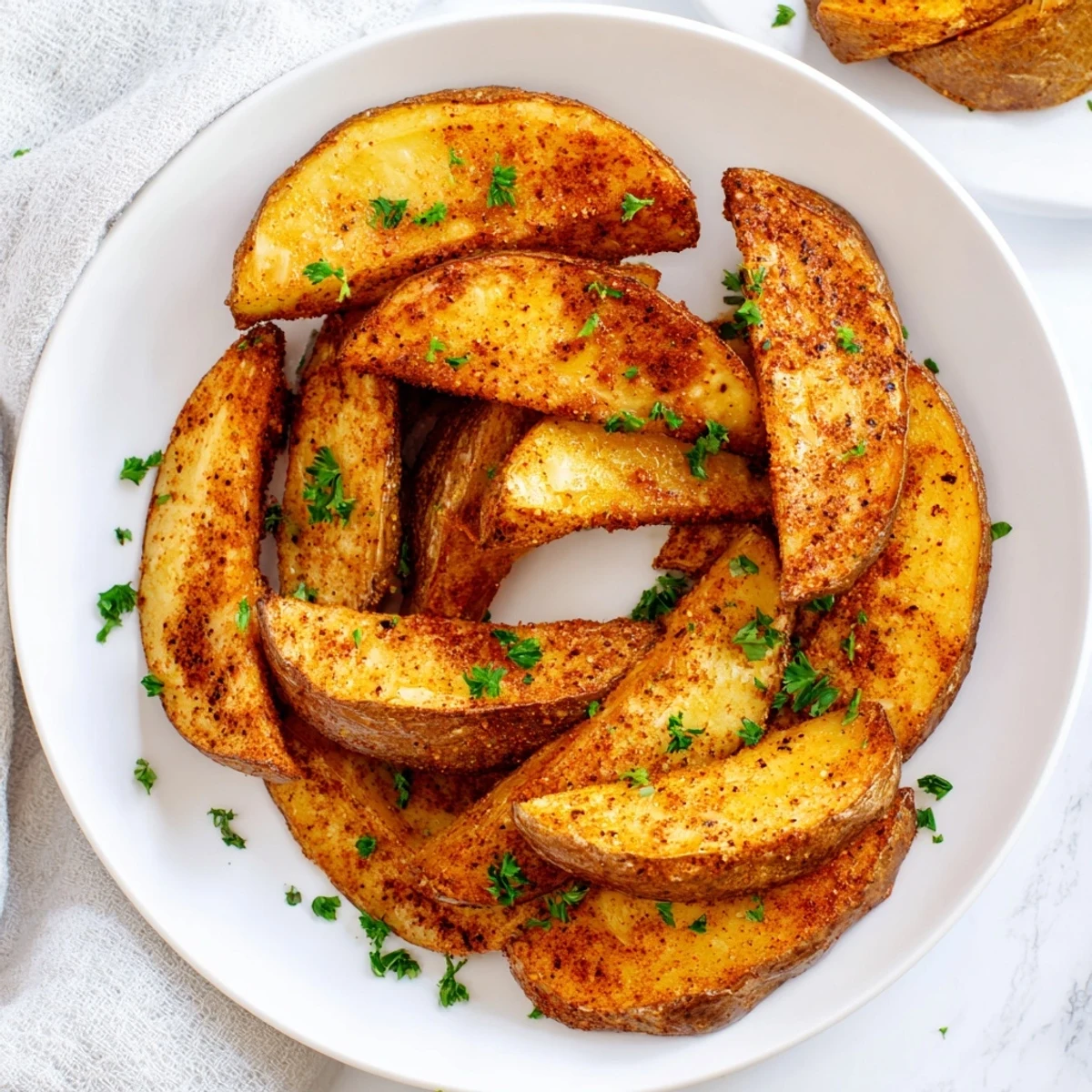 Heap of seasoned russet potato wedges arranged in air fryer basket with golden brown edges and visible spices