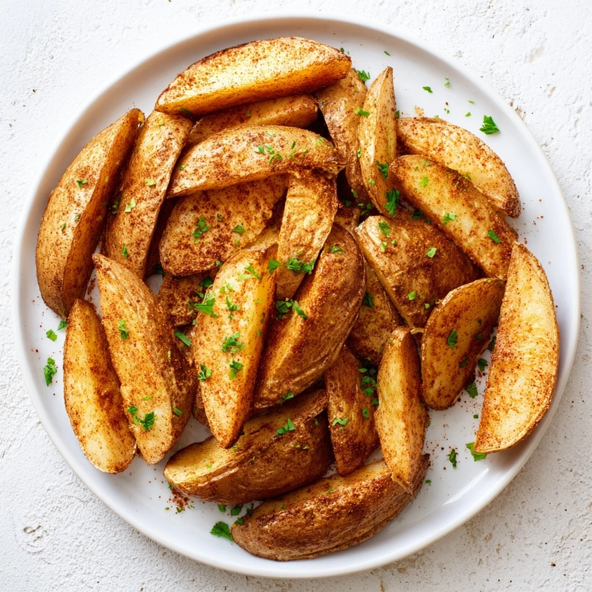 Fluffy interior potato wedges with crispy exteriors air fried to perfection and garnished with fresh green parsley