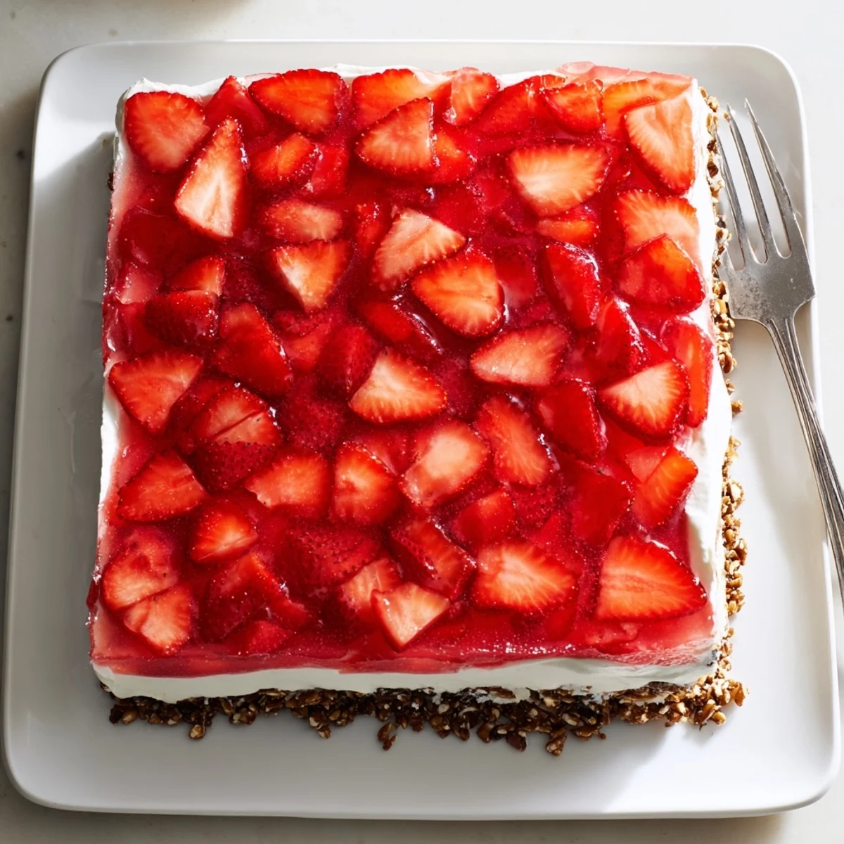 Spoon lifting a square slice of Strawberry Crackle Salad showing the three textured layers of pretzel crust cream cheese and strawberry gelatin