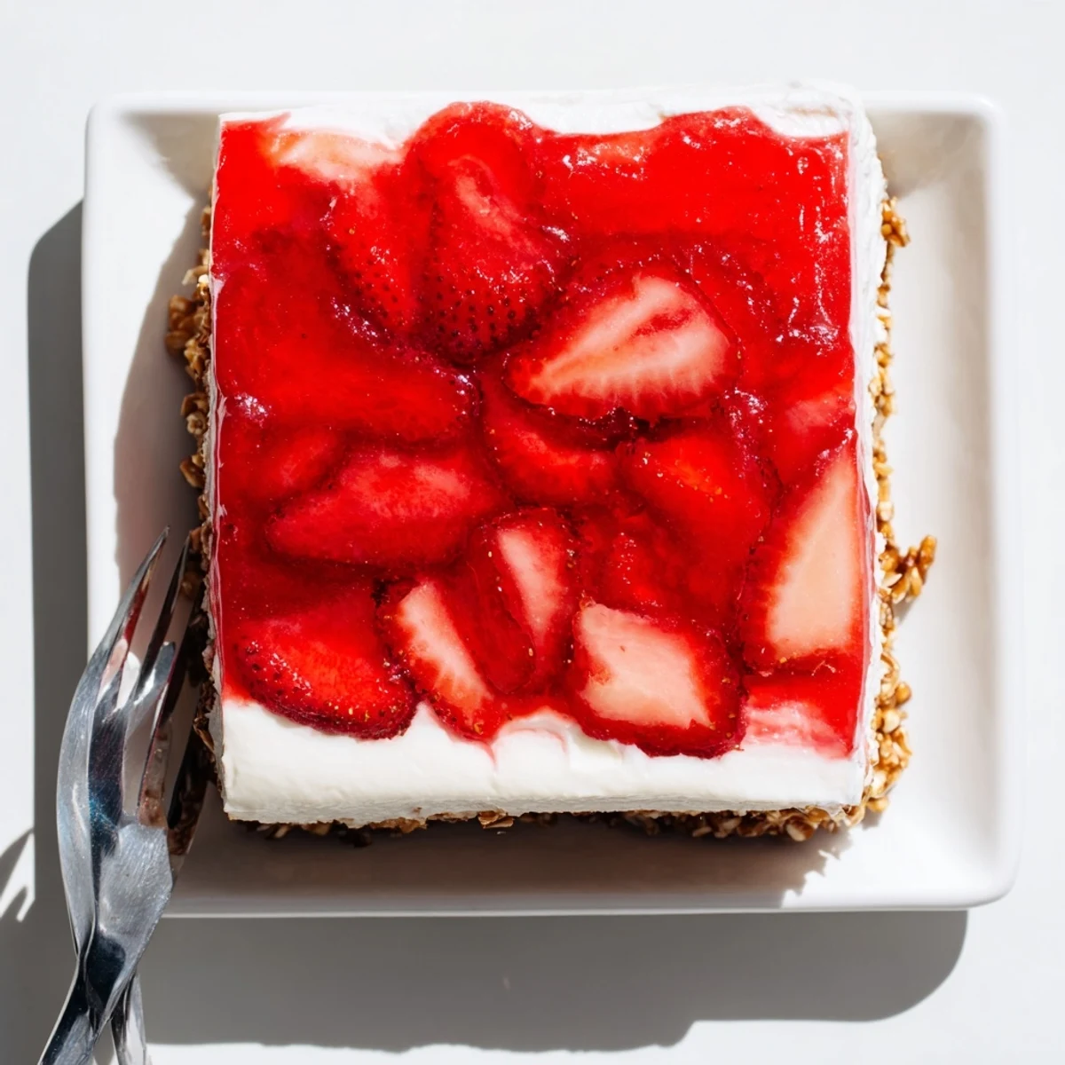 Strawberry Crackle Salad layered with bright red berries over creamy white filling atop golden brown pretzel crust in glass baking dish