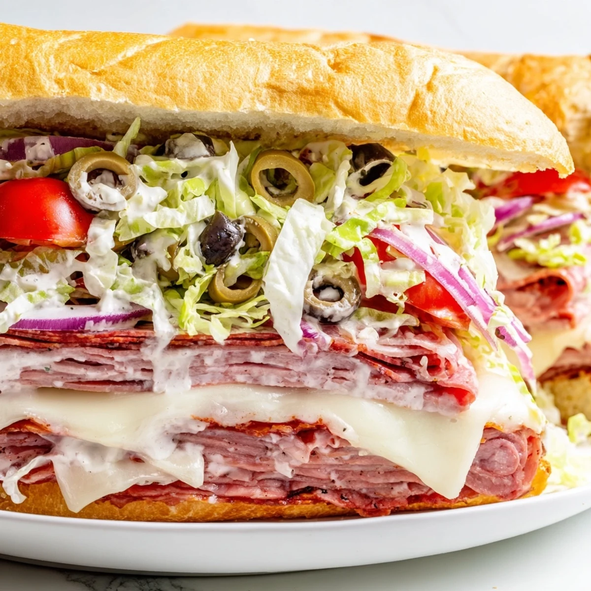 Vibrant Italian grinder salad sandwich featuring layered deli meats, crisp vegetables, and zesty mayonnaise dressing