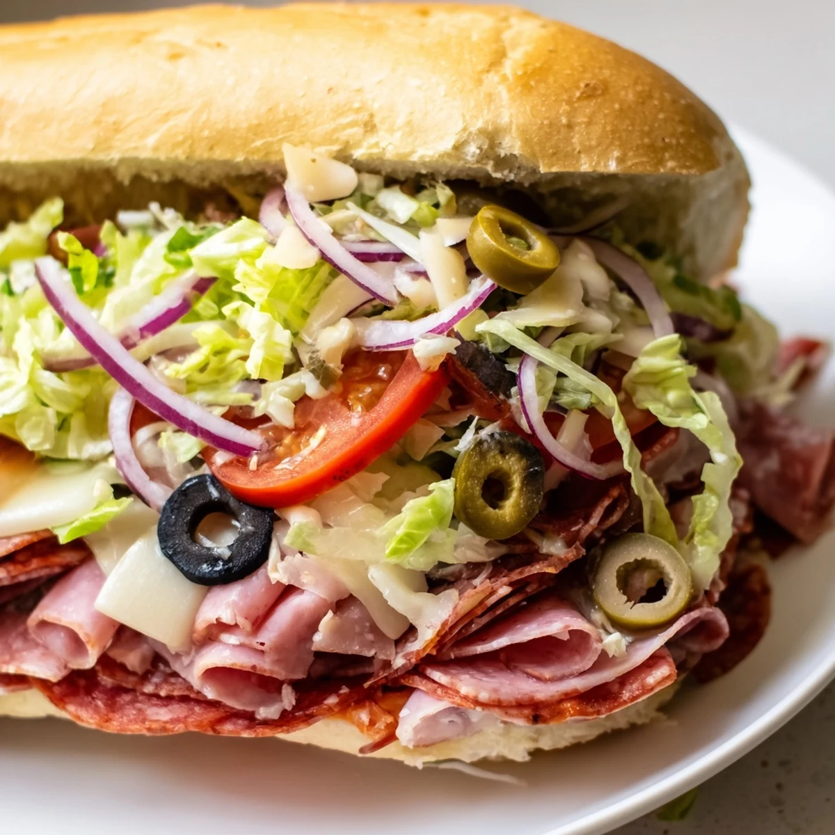 Cross-section of Italian grinder salad sandwich showcasing shredded lettuce, pepperoncini, and cured meats on toasted bread