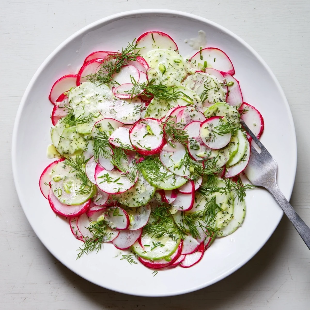 Fresh radish and cucumber salad tossed in tangy lemon dressing with chopped dill