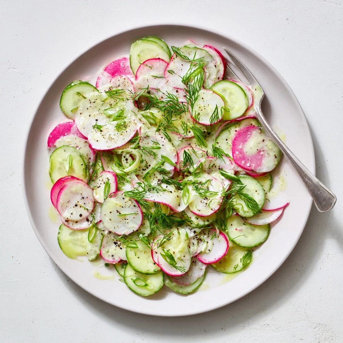 Crisp cucumber and peppery radish salad in light olive oil dressing served chilled
