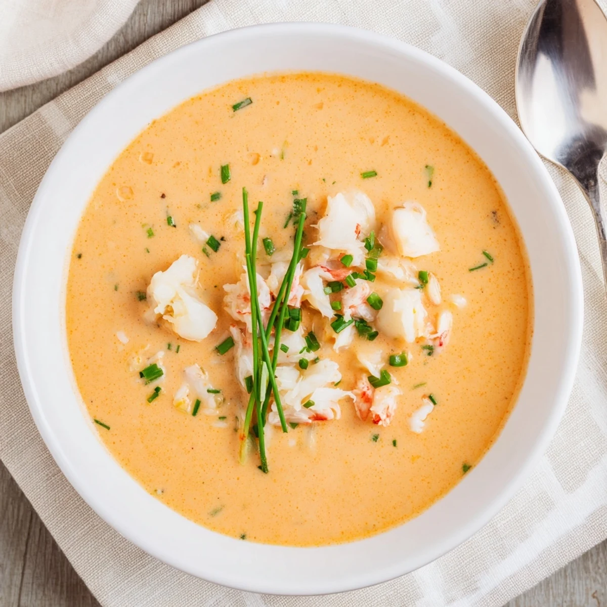 Rich French seafood bisque with plump shrimp, scallops, and crab swimming in smooth orange-hued broth