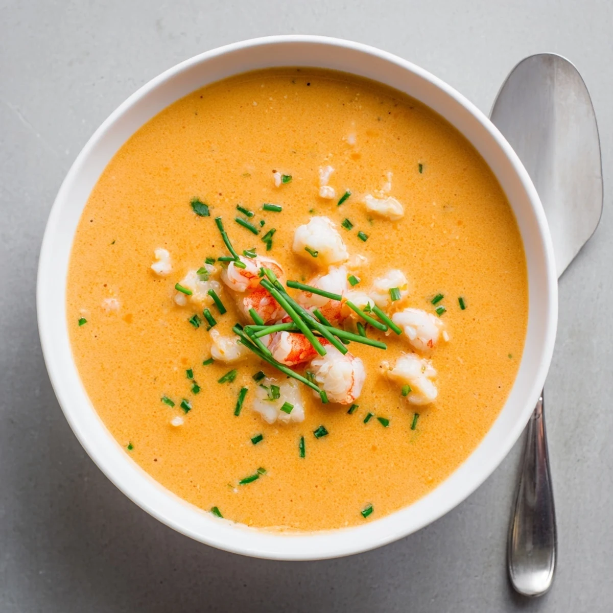 Creamy seafood bisque served in white bowl garnished with fresh green chives and parsley