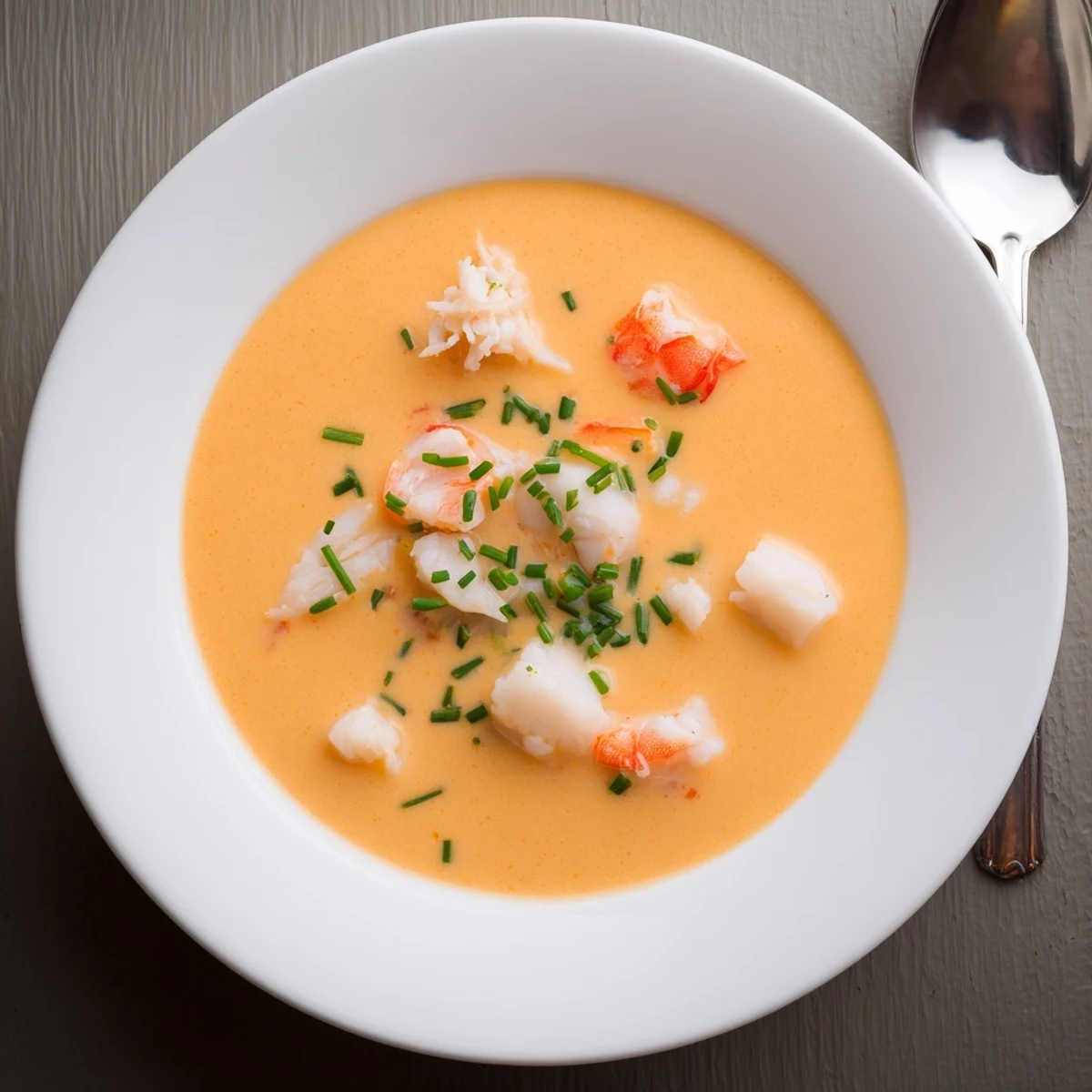 Elegant seafood bisque ladled into soup bowl, showcasing tender seafood pieces and silky cream texture