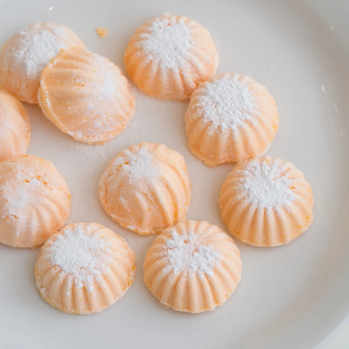 Creamy orange cream cheese mints dusted with powdered sugar on a parchment-lined serving tray