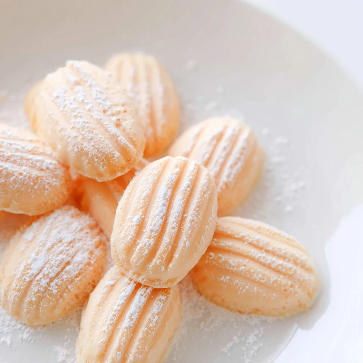 Homemade orange cream cheese mints arranged on a white platter with fork patterns and orange coloring