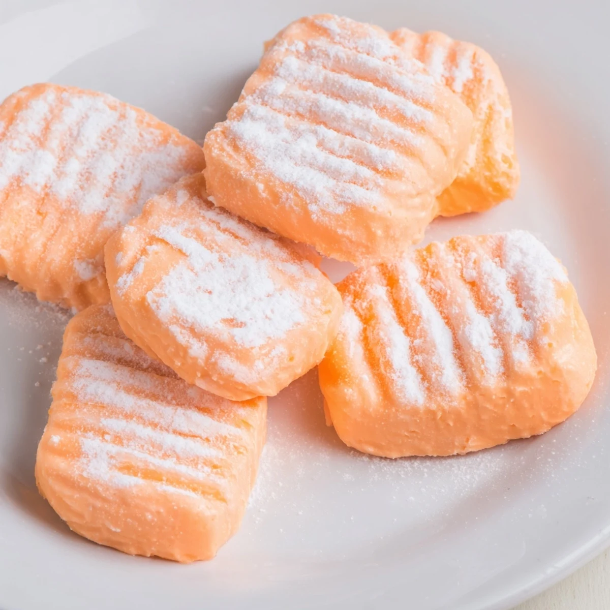Batch of vibrant orange cream cheese mints displayed on a decorative plate for party desserts