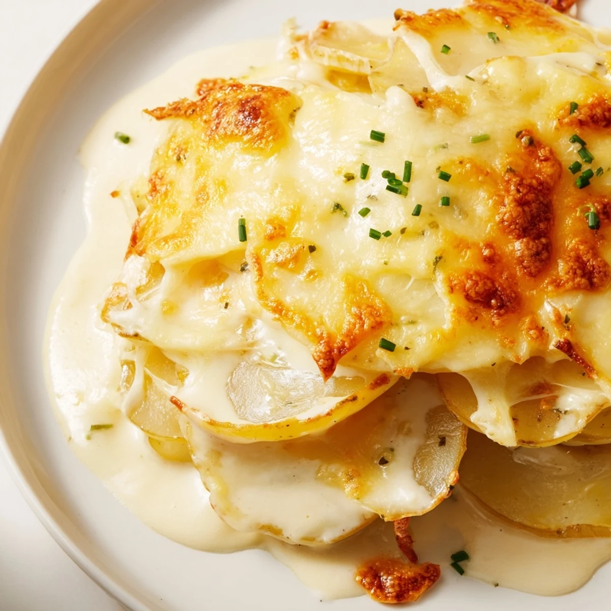 Golden potatoes au gratin with melted Gruyère cheese bubbling in a creamy white sauce