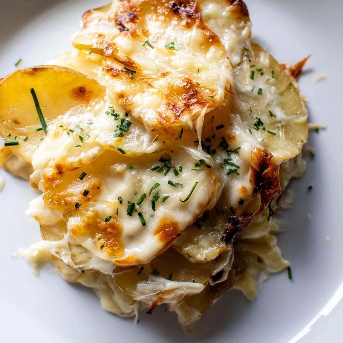 French-style potatoes au gratin showcasing tender layers in a rich, golden-brown baked casserole