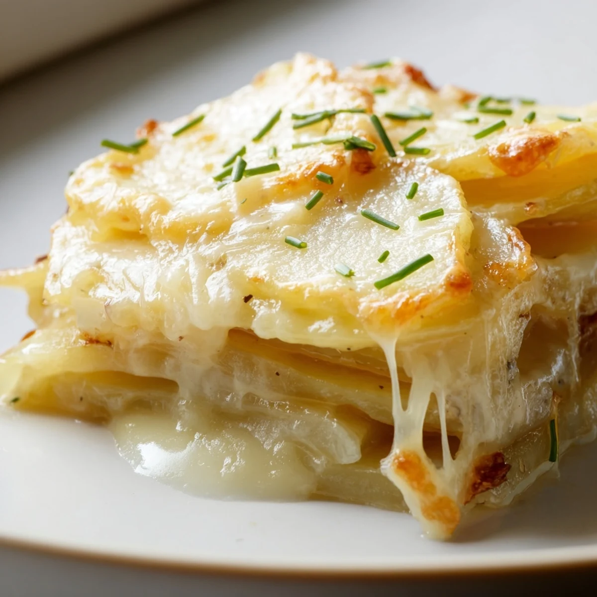 Creamy Gruyère potatoes au gratin served fresh from the oven with a bubbling cheese crust