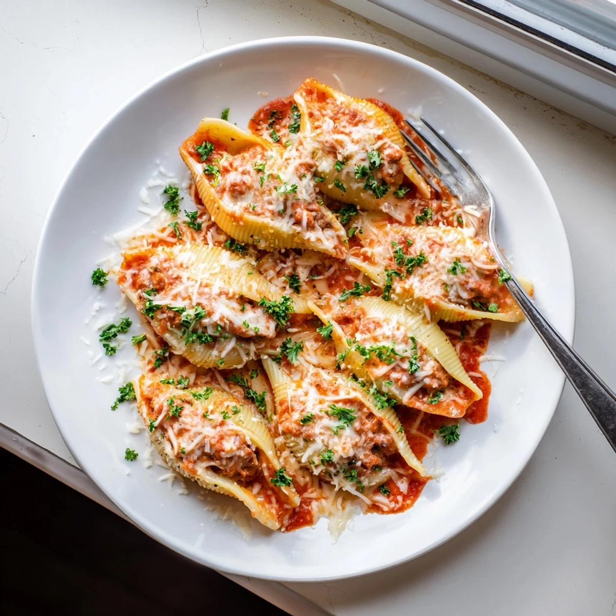 Golden baked creamy beef stuffed shells with ricotta filling topped with bubbly melted mozzarella cheese