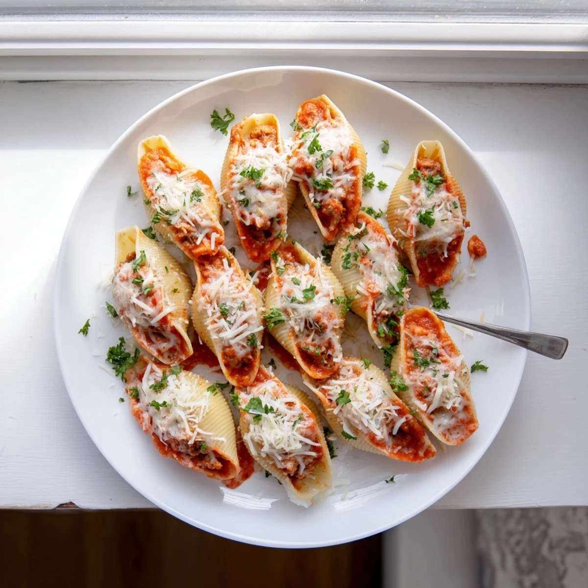 Jumbo pasta shells filled with savory beef and ricotta mixture smothered in creamy tomato sauce