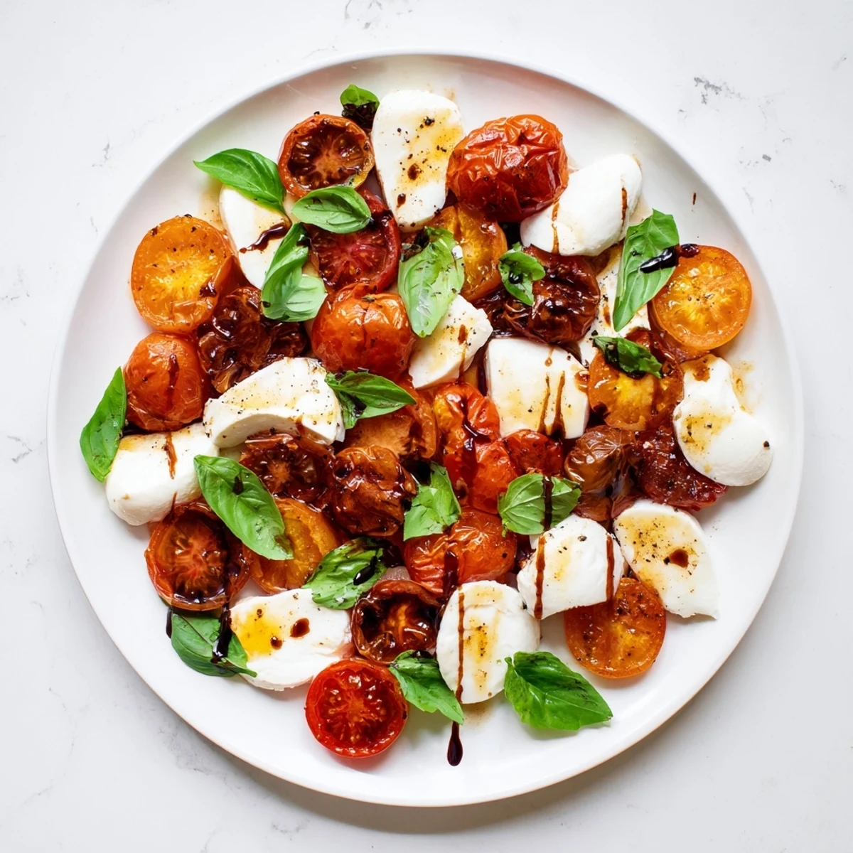Golden roasted cherry tomatoes layered with fresh mozzarella and basil drizzled with balsamic glaze for this Roasted Tomato Caprese Salad