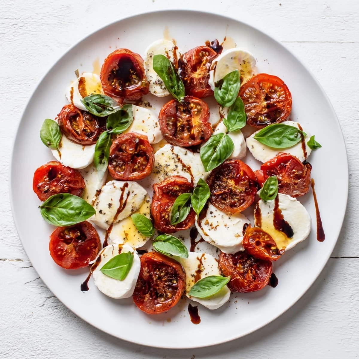 Rustic Italian salad featuring caramelized tomatoes and creamy mozzarella topped with fragrant basil in this Roasted Tomato Caprese Salad