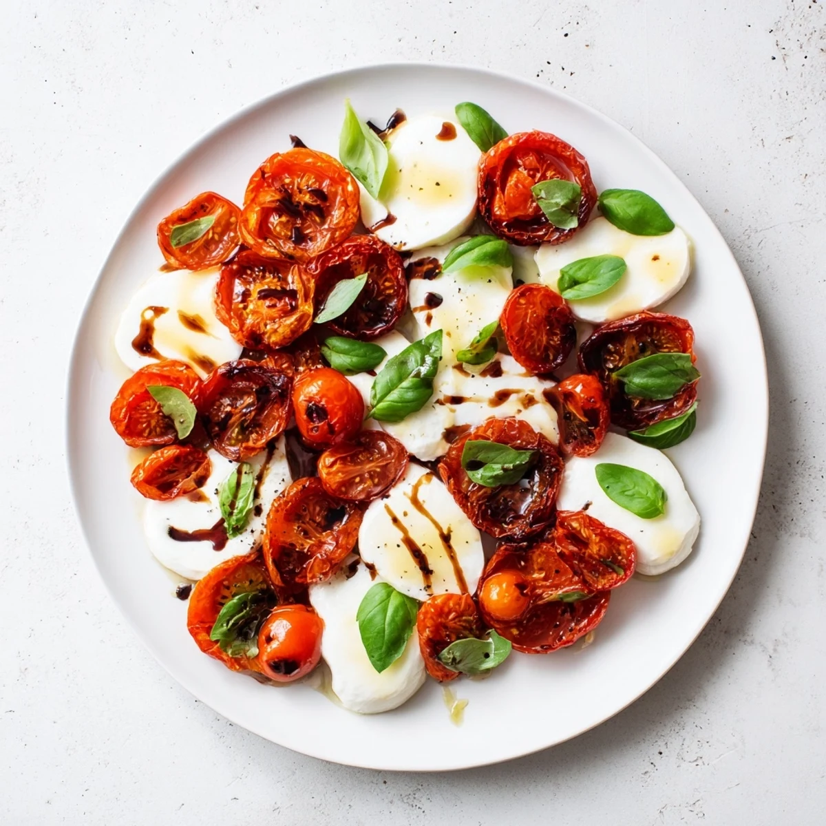 Colorful platter of oven-roasted tomatoes alternating with mozzarella slices and fresh basil creating this vibrant Roasted Tomato Caprese Salad
