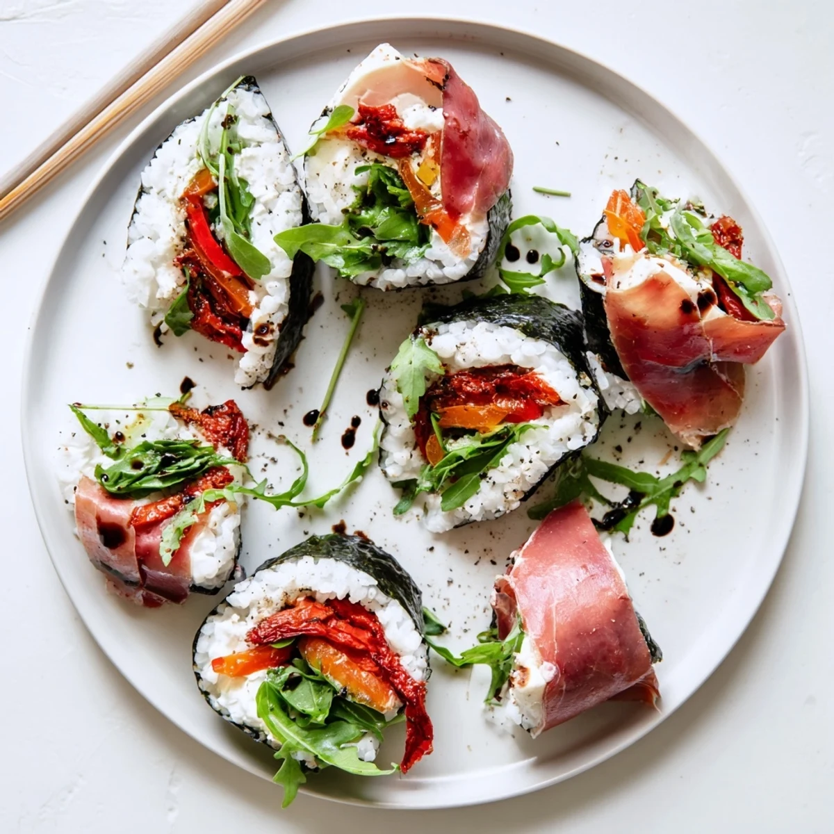 Fusion Italian sushi arranged elegantly with fresh basil, sun-dried tomatoes, and balsamic glaze drizzle