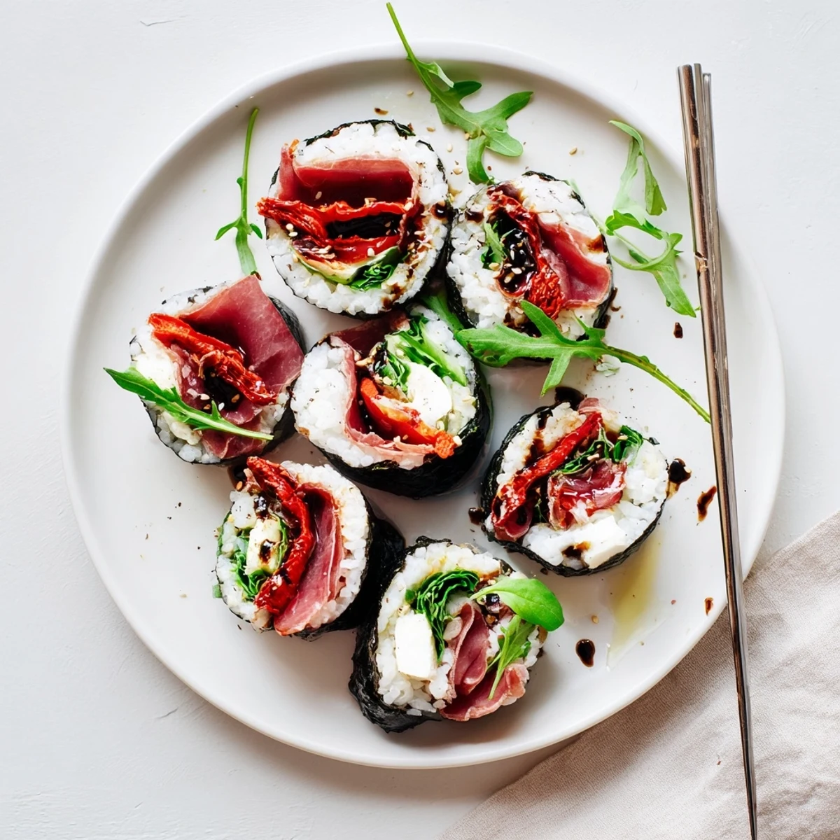 Colorful Italian sushi rolls featuring prosciutto, mozzarella, and roasted peppers on a white platter