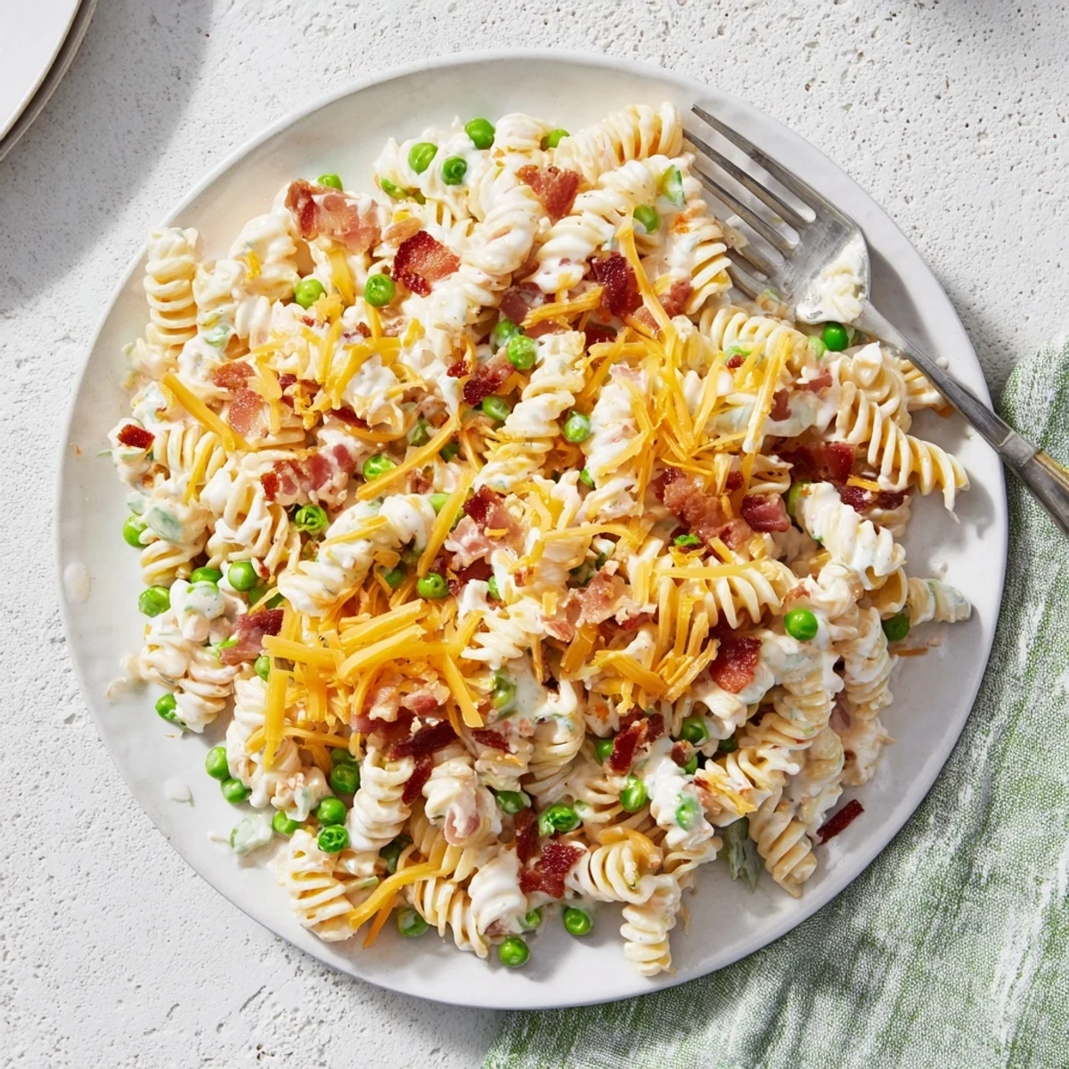 Spiral pasta tossed with smoky bacon crumbles, shredded cheddar cheese, and sweet peas in a tangy creamy sauce