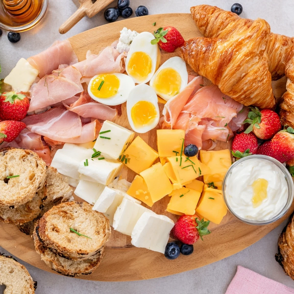 Colorful breakfast charcuterie board featuring prosciutto, smoked salmon, brie, fresh berries, and pastries arranged on a wooden platter