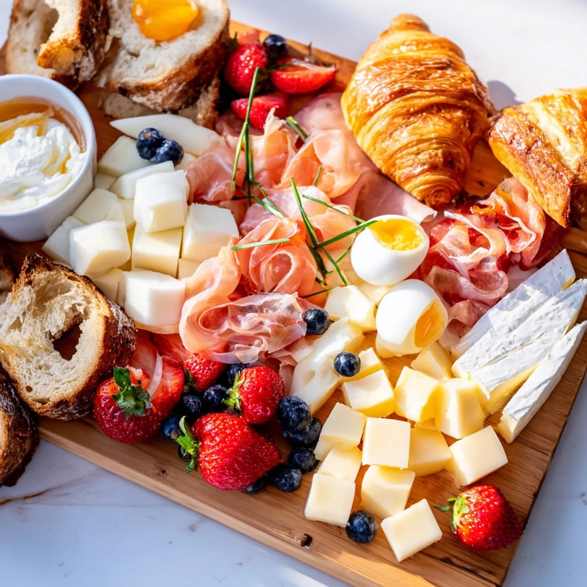 Elegant breakfast charcuterie board displaying sliced meats, cheeses, boiled eggs, seasonal fruits, and spreads on a large serving tray