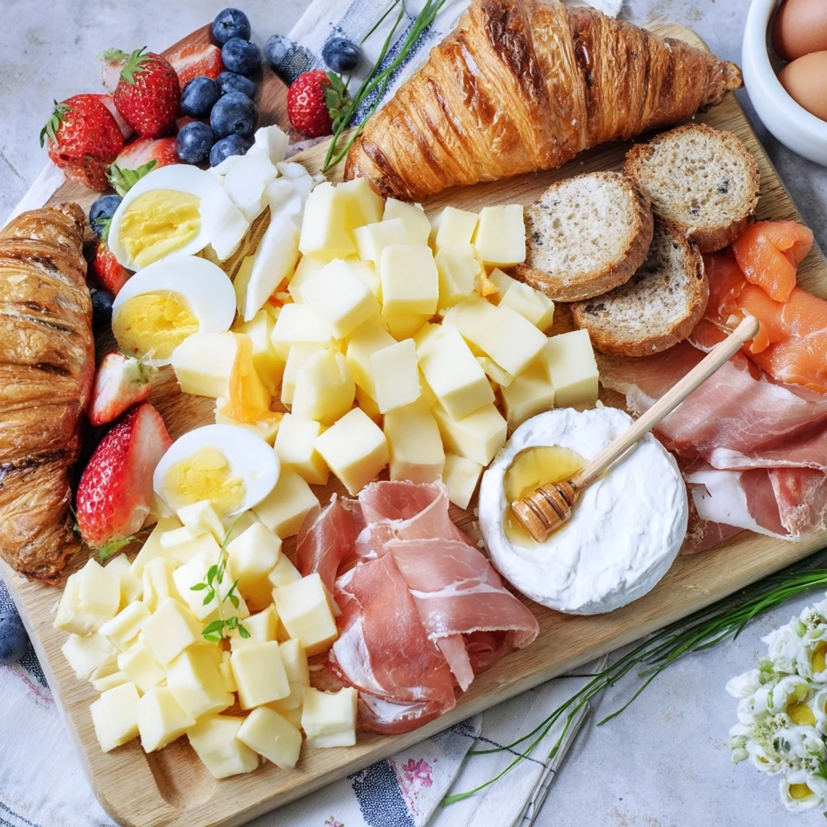 Rustic breakfast charcuterie board spread with cheeses, meats, fruits, croissants, and honey for a festive morning gathering