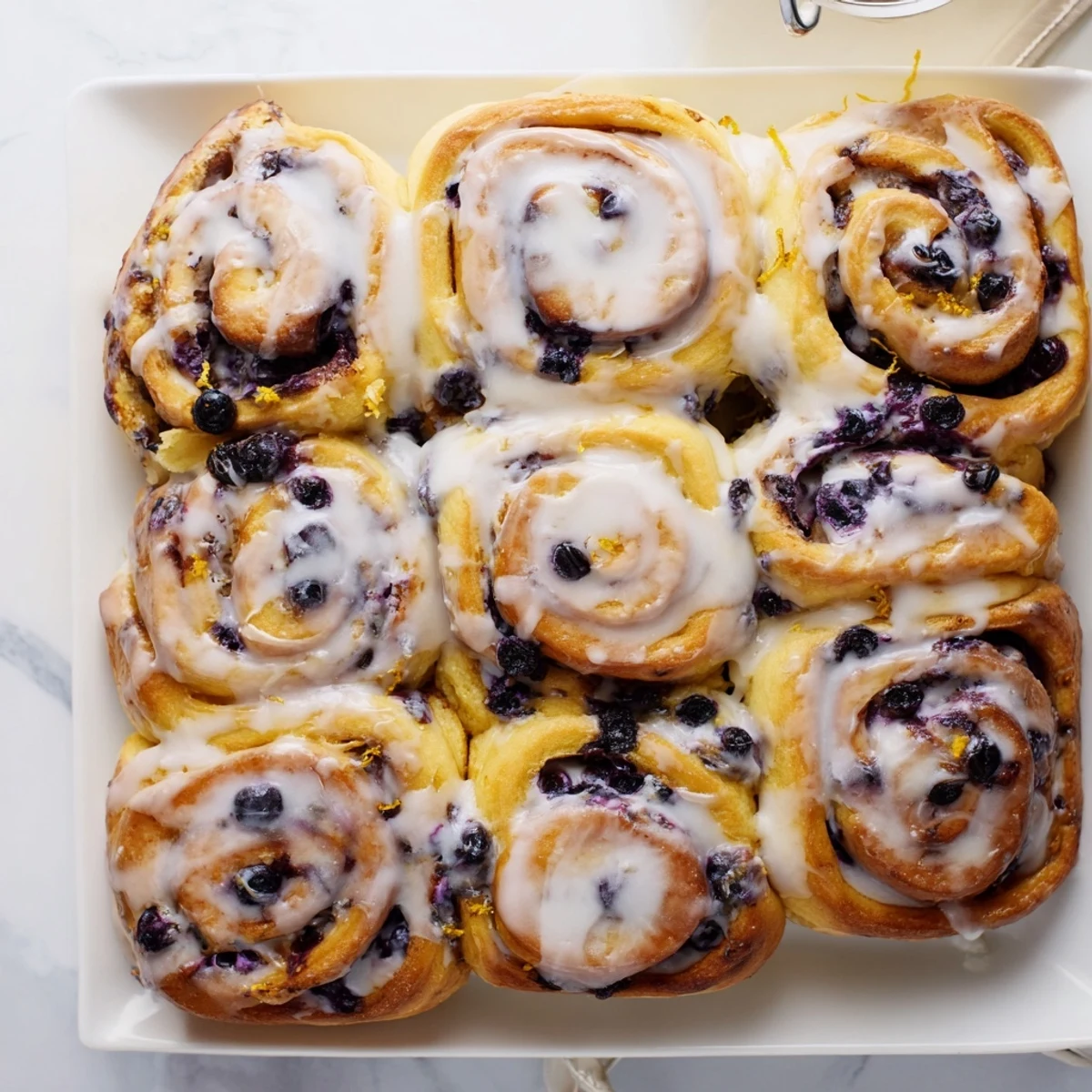 Golden lemon blueberry rolls drizzled with white glaze on a rustic wooden board