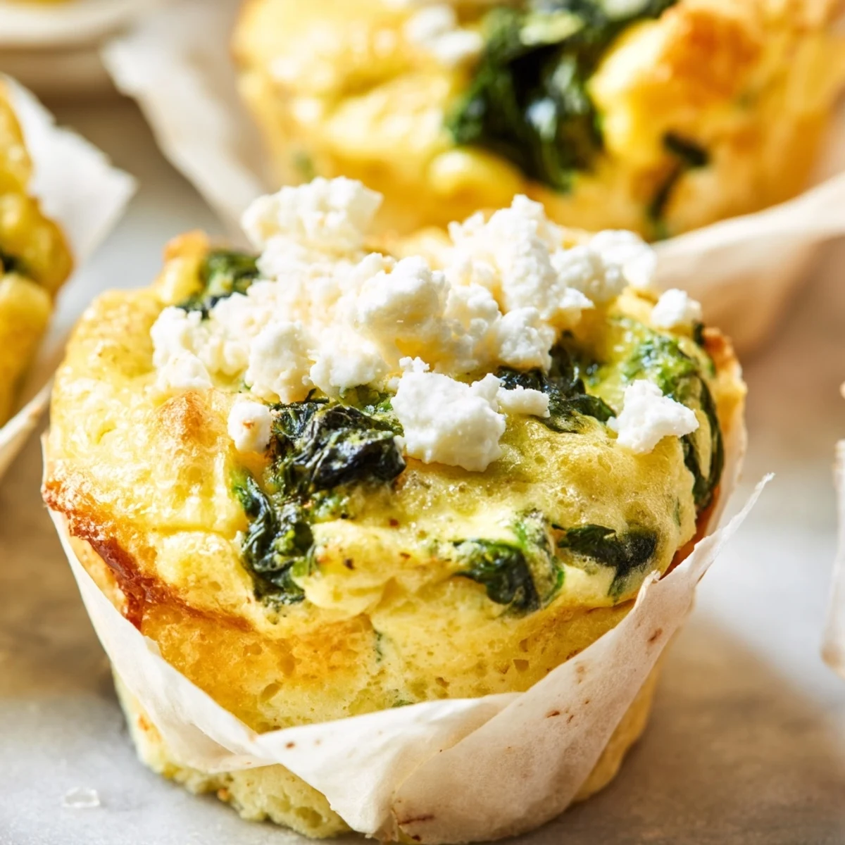 Golden baked egg muffins with spinach and feta ready for healthy breakfast