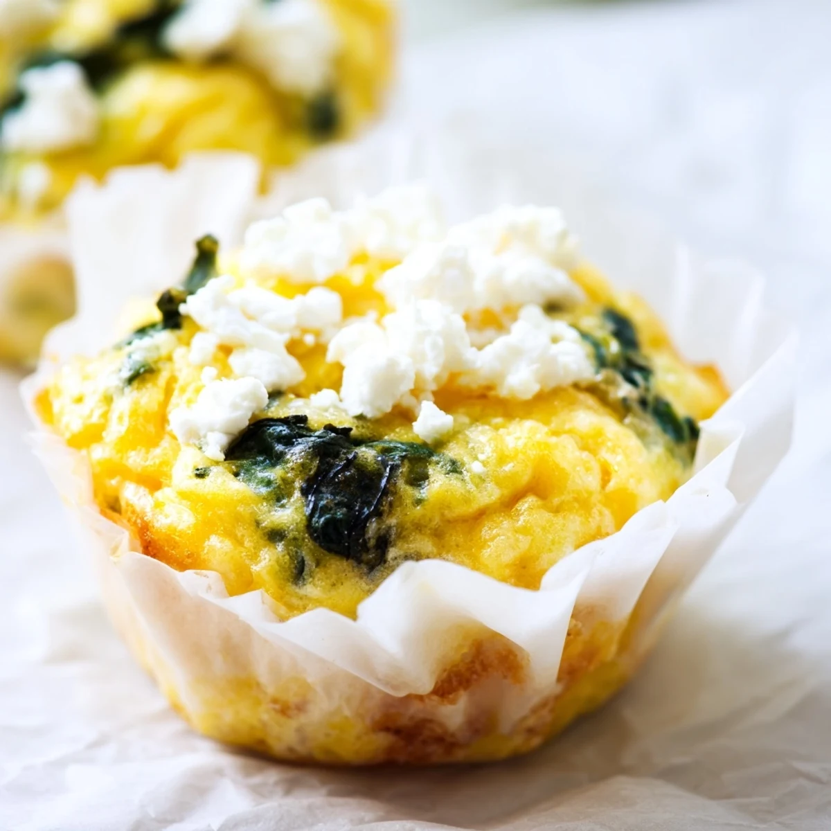 Fluffy egg muffins stuffed with wilted spinach and crumbled feta cheese