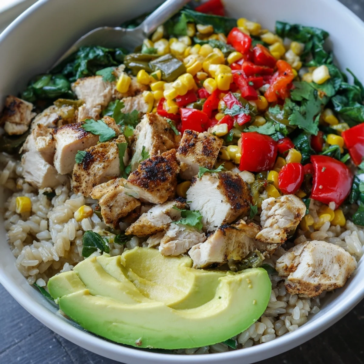 Colorful Southwest Spice Green Chile Bowl featuring seasoned chicken, roasted chiles, and fresh avocado garnish