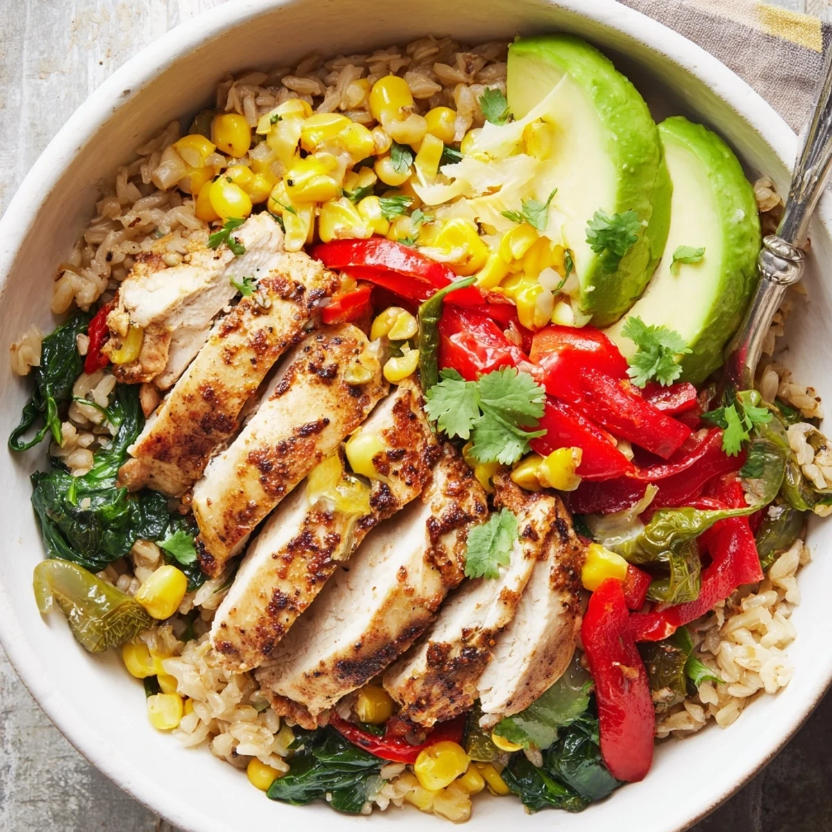 Hearty Southwest Spice Green Chile Bowl with tender chicken, brown rice, and zesty vegetable medley