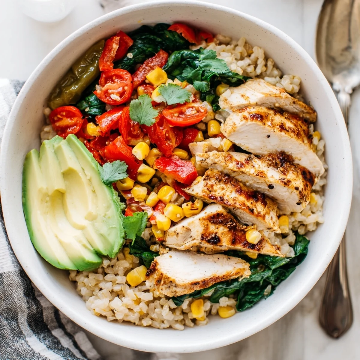 Protein-packed Southwest Spice Green Chile Bowl topped with melted cheese, cilantro, and lime wedges