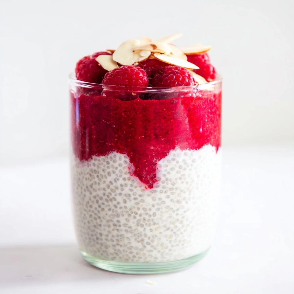 Glass jar showing layered raspberry chia pudding topped with fresh berries and almonds, sweetened with pure maple syrup