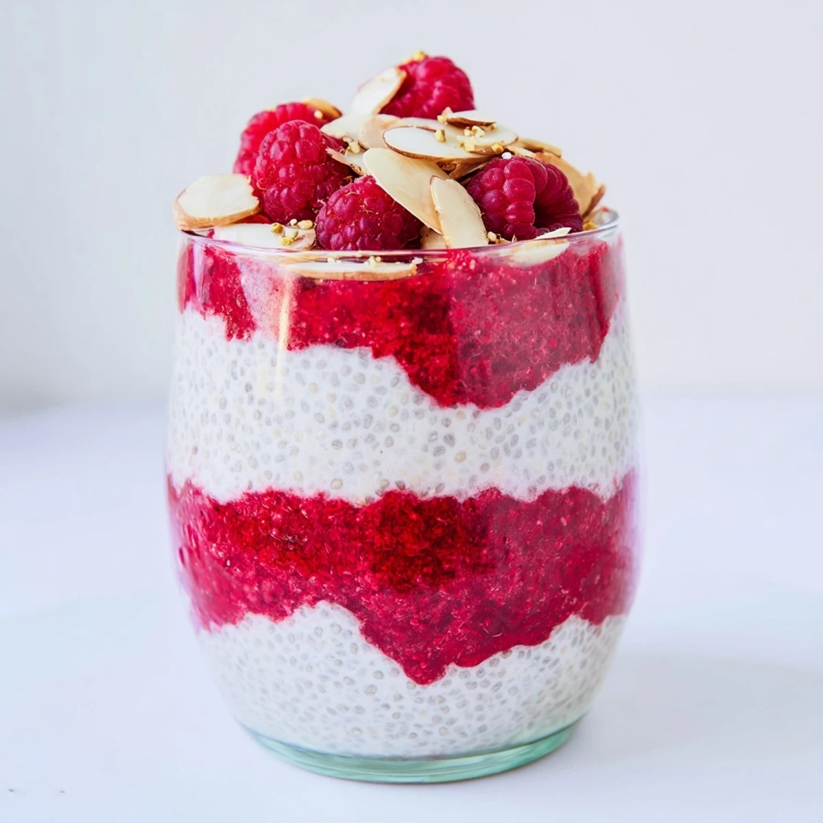 Vegan raspberry chia pudding with maple syrup in a clear glass bowl garnished with mint leaves and fresh raspberries