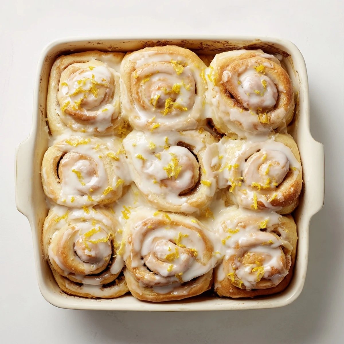 Golden lemon rolls swirled with sweet lemon sugar filling and topped with white glaze
