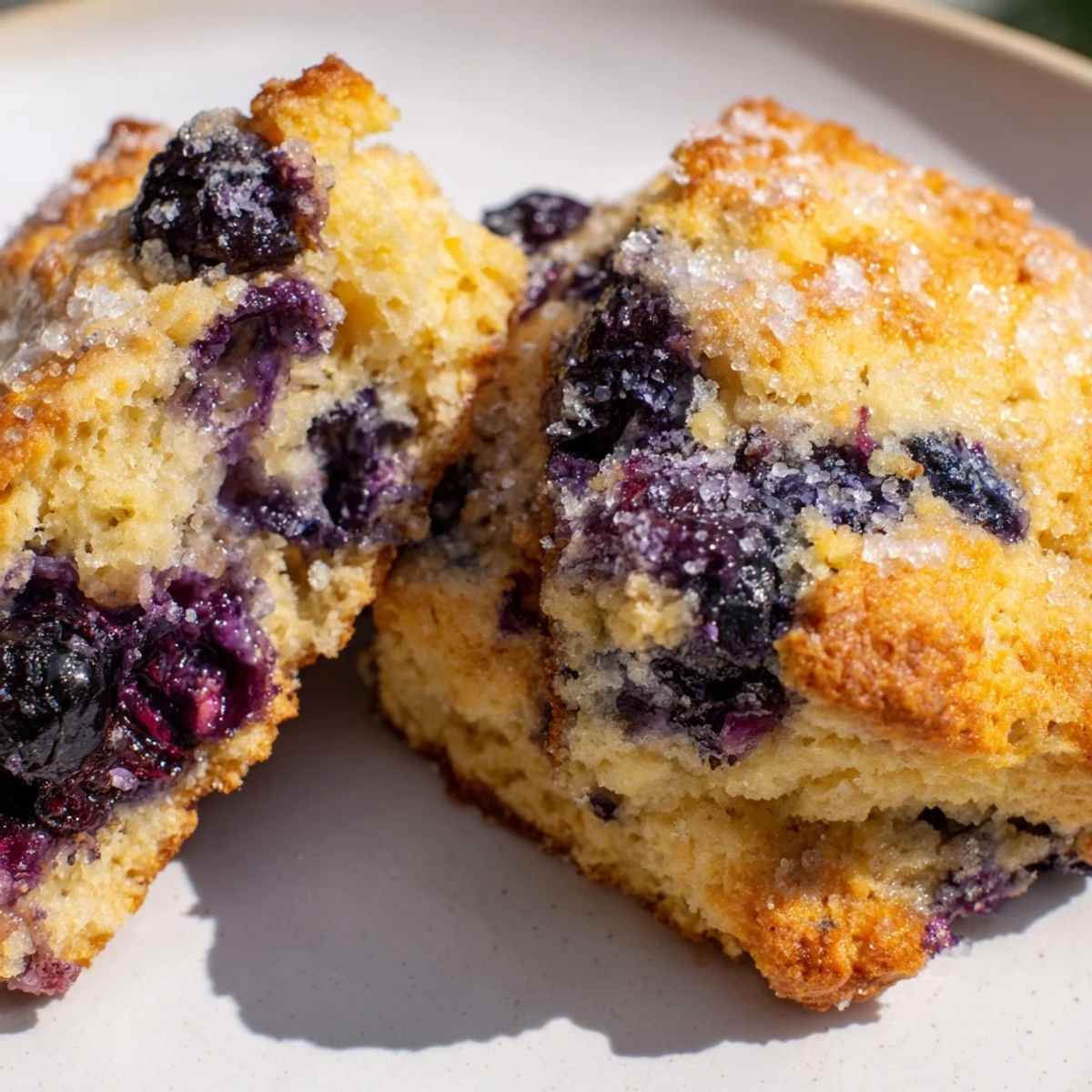Flaky homemade blueberry biscuits studded with juicy berries and dusted with coarse sparkling sugar