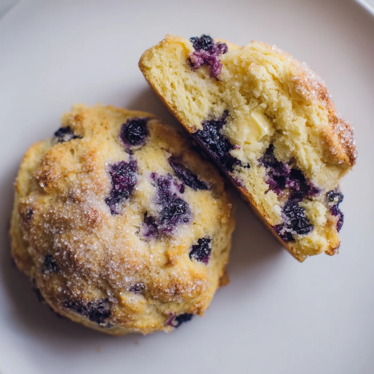 Warm blueberry biscuits split open revealing soft fluffy interior dotted with plump blueberries