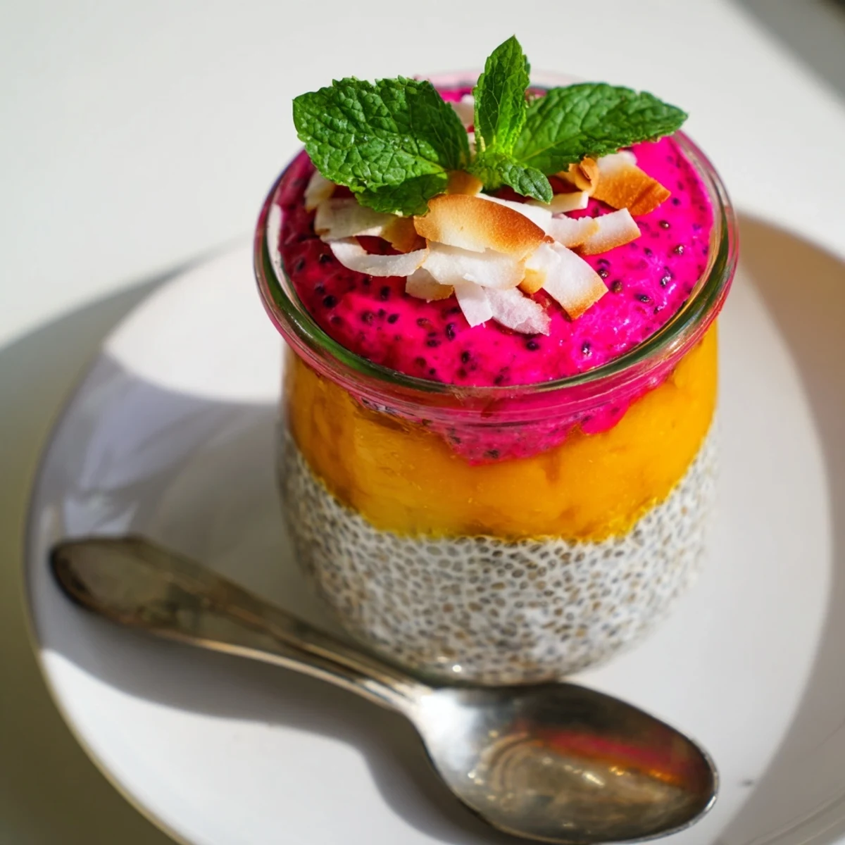 Vibrant mango and dragon fruit chia pudding layered in clear glass jars with fresh mint garnish