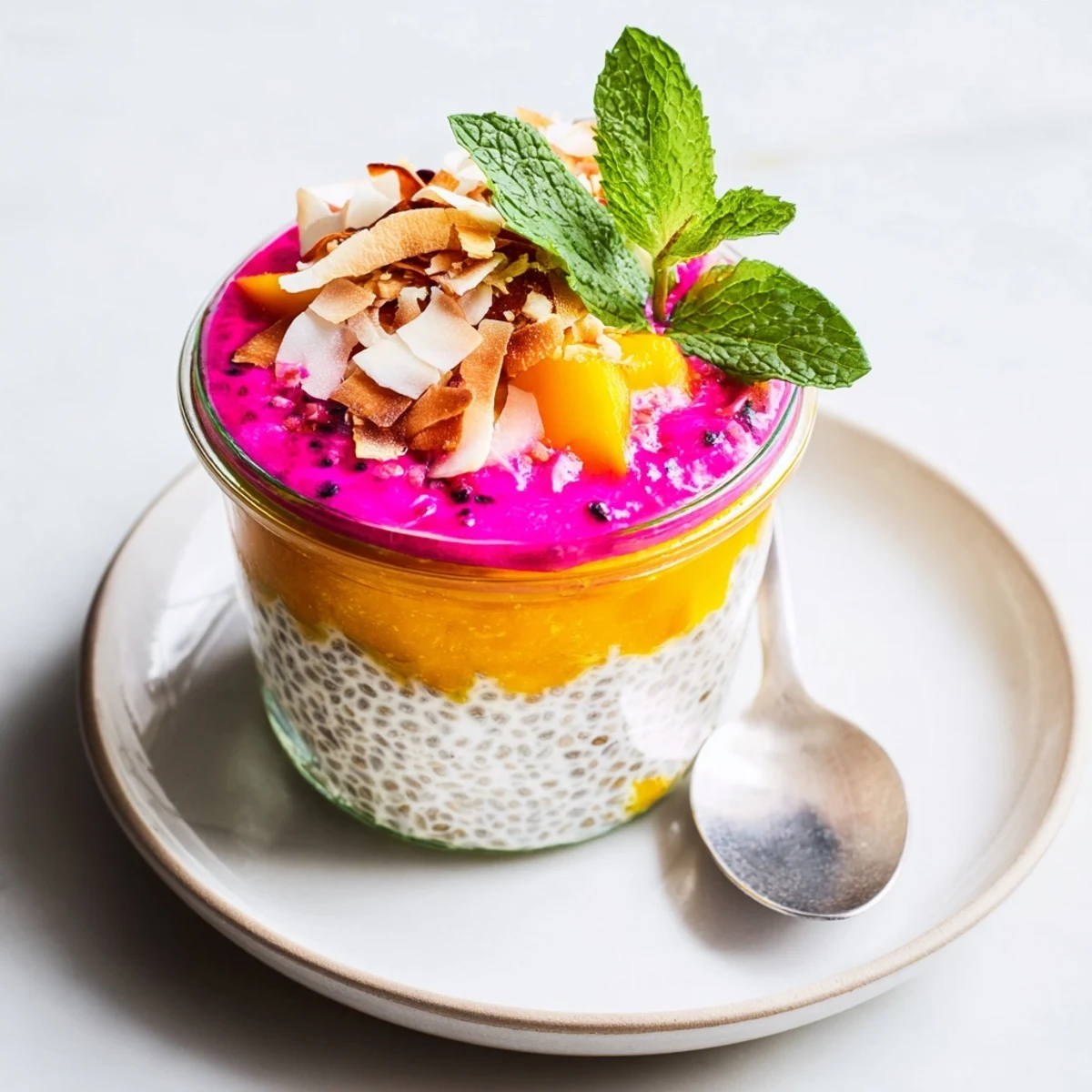 Creamy coconut milk chia pudding topped with sweet mango and pink dragon fruit puree layers