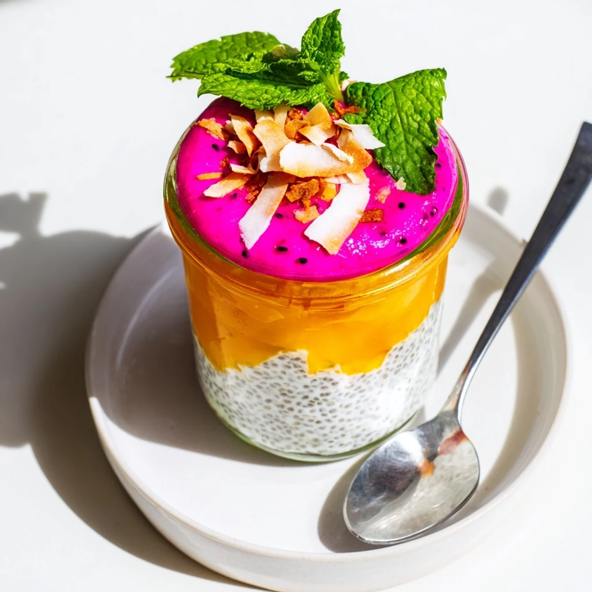 Tropical breakfast jar featuring layered chia pudding with bright mango and dragon fruit swirls