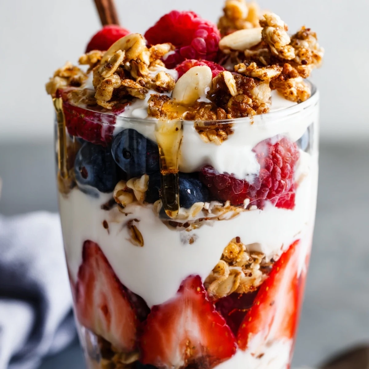 Creamy Greek yogurt parfait layered with fresh berries and crunchy granola in glass