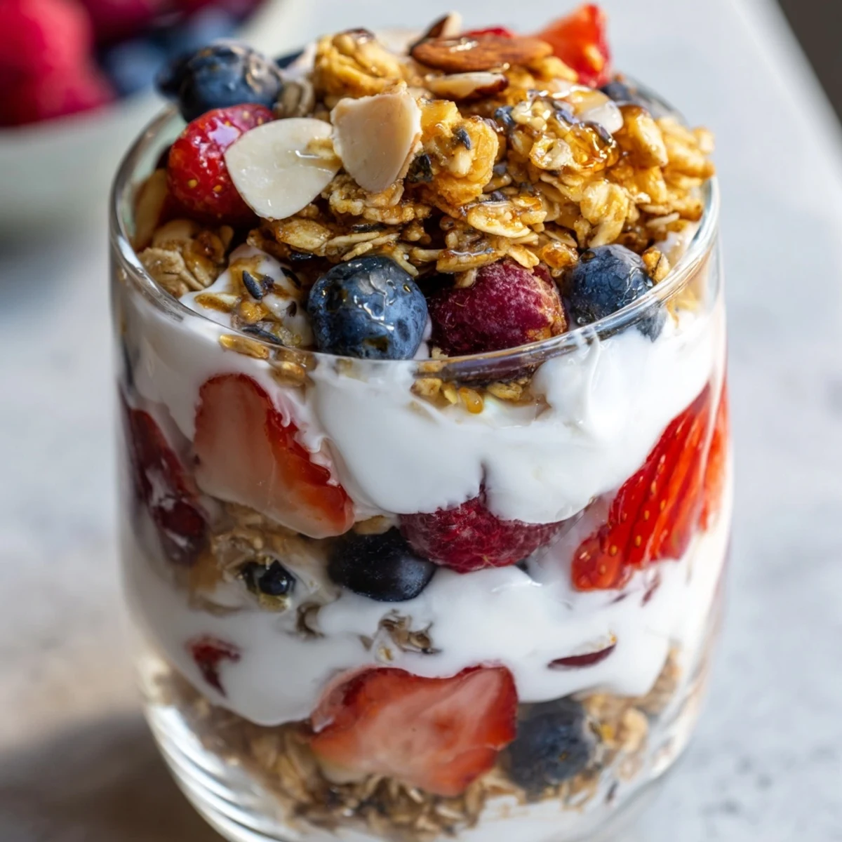 Greek yogurt parfait topped with vibrant mixed berries and golden honey drizzle