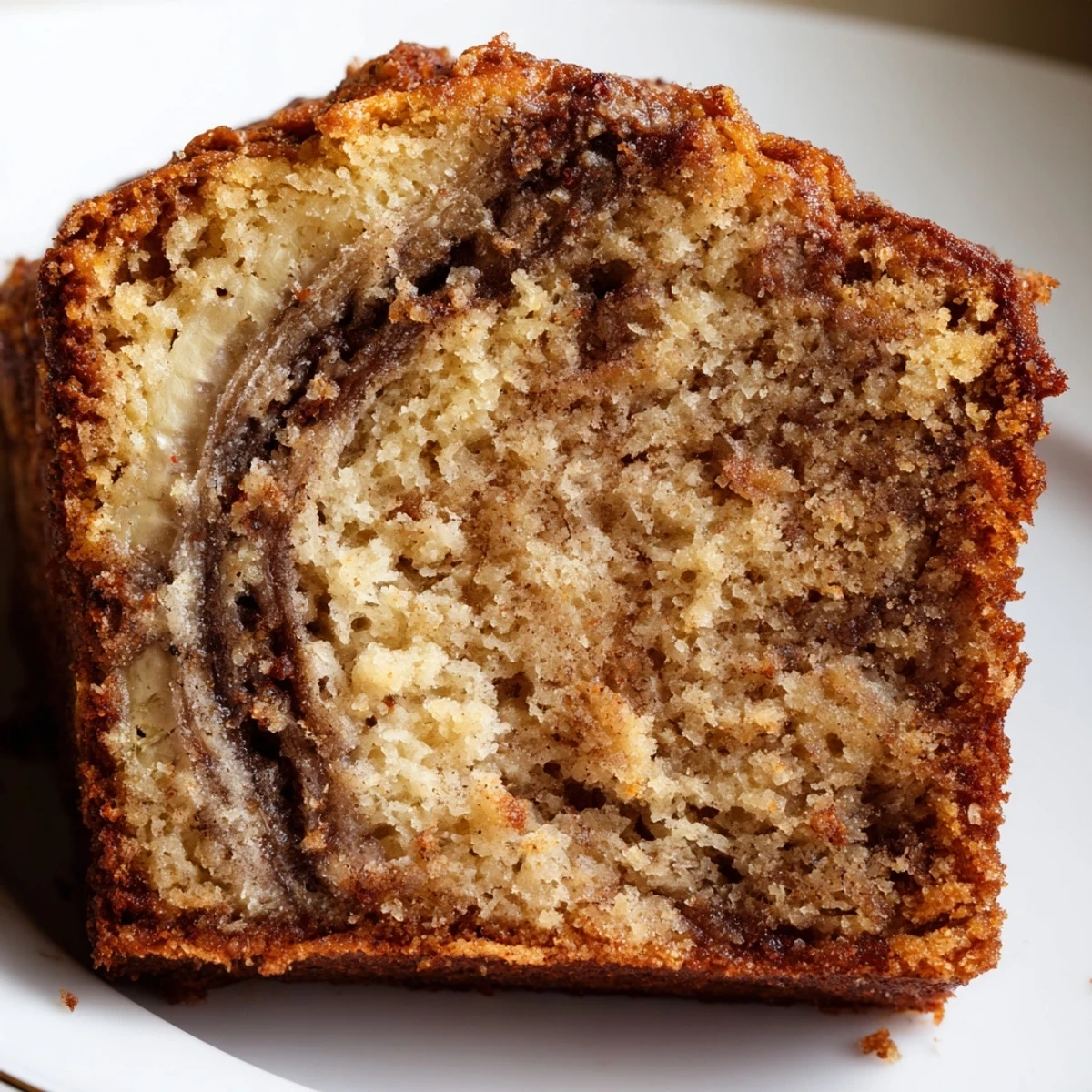 Cinnamon Sugar Swirl Banana Bread sliced thick showing golden brown crust and moist tender crumb