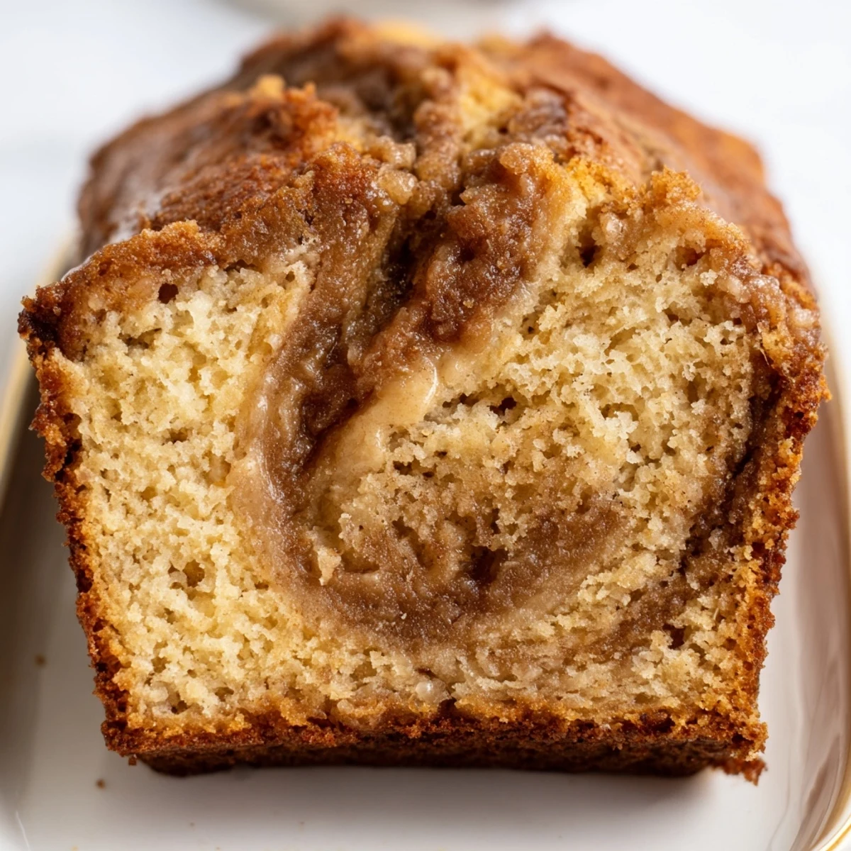 Warm Cinnamon Sugar Swirl Banana Bread served on a rustic wooden cutting board with butter