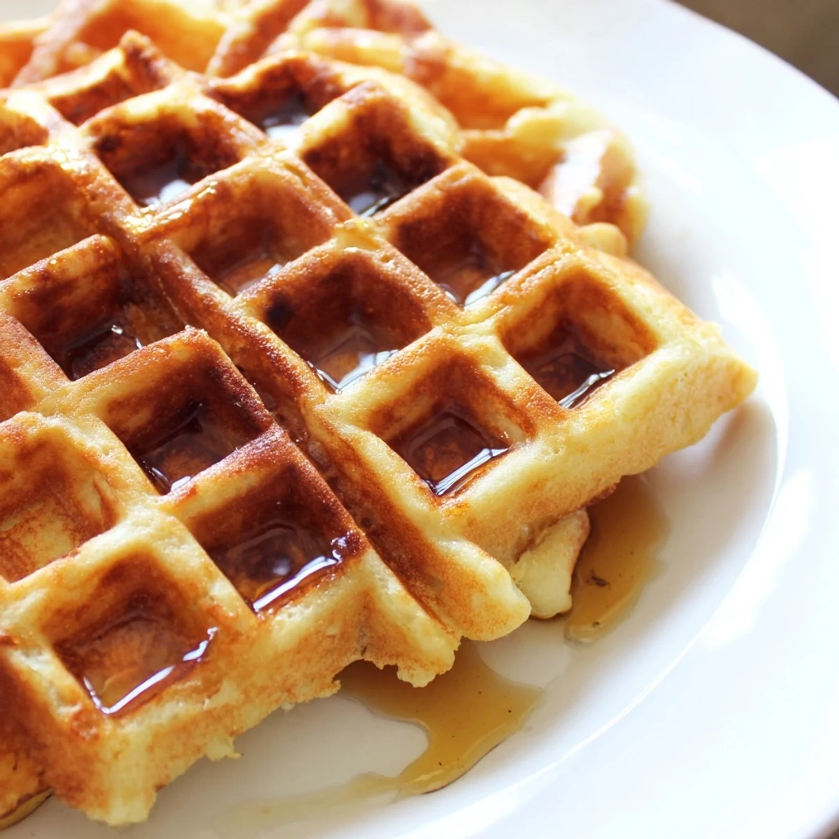 Golden brown Greek yogurt waffles stacked on a plate with fresh berries and maple syrup
