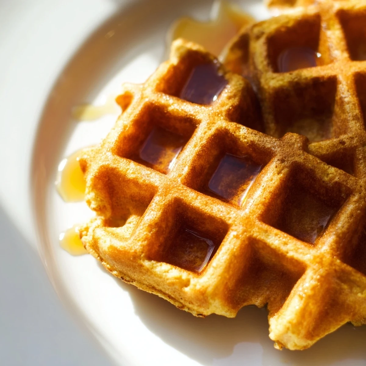 Crispy Greek yogurt waffles topped with whipped cream and drizzled honey on white dish